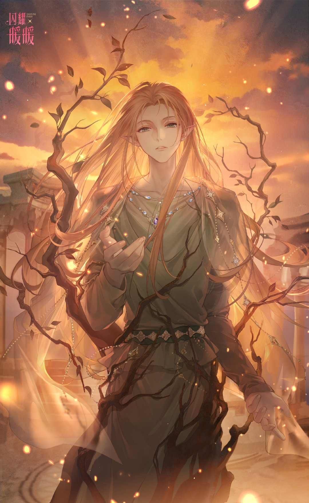 1boy, aloysius_(shining_nikki), artist_request, backlighting, blonde_hair, branch, clouds, collarbone