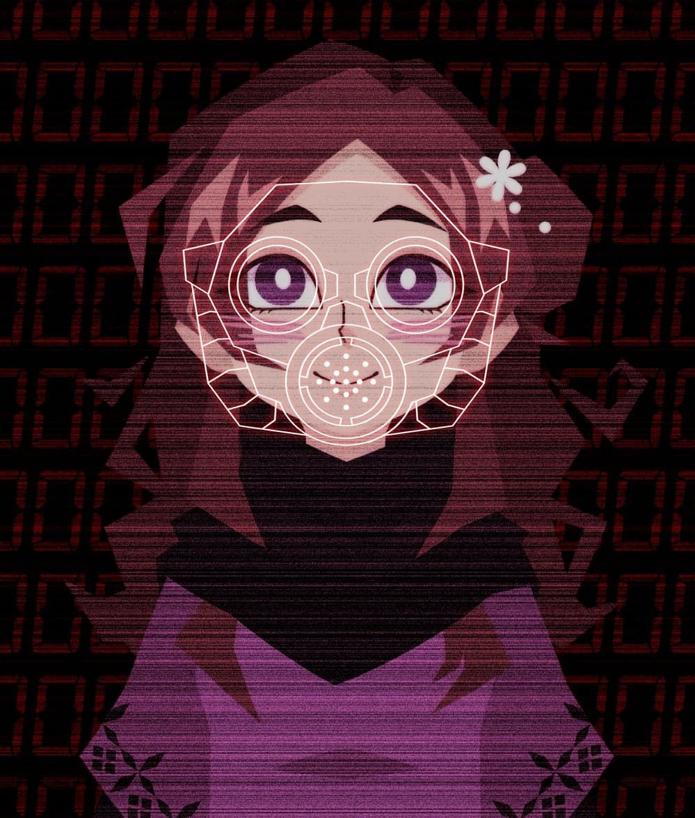 1girl, black_scarf, blush, bright_pupils, brown_hair, closed_mouth, commentary, english_commentary