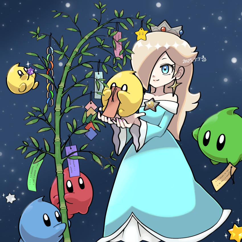 bamboo, bare_shoulders, blonde_hair, blue_dress, blue_eyes, blue_luma, brooch, closed_mouth