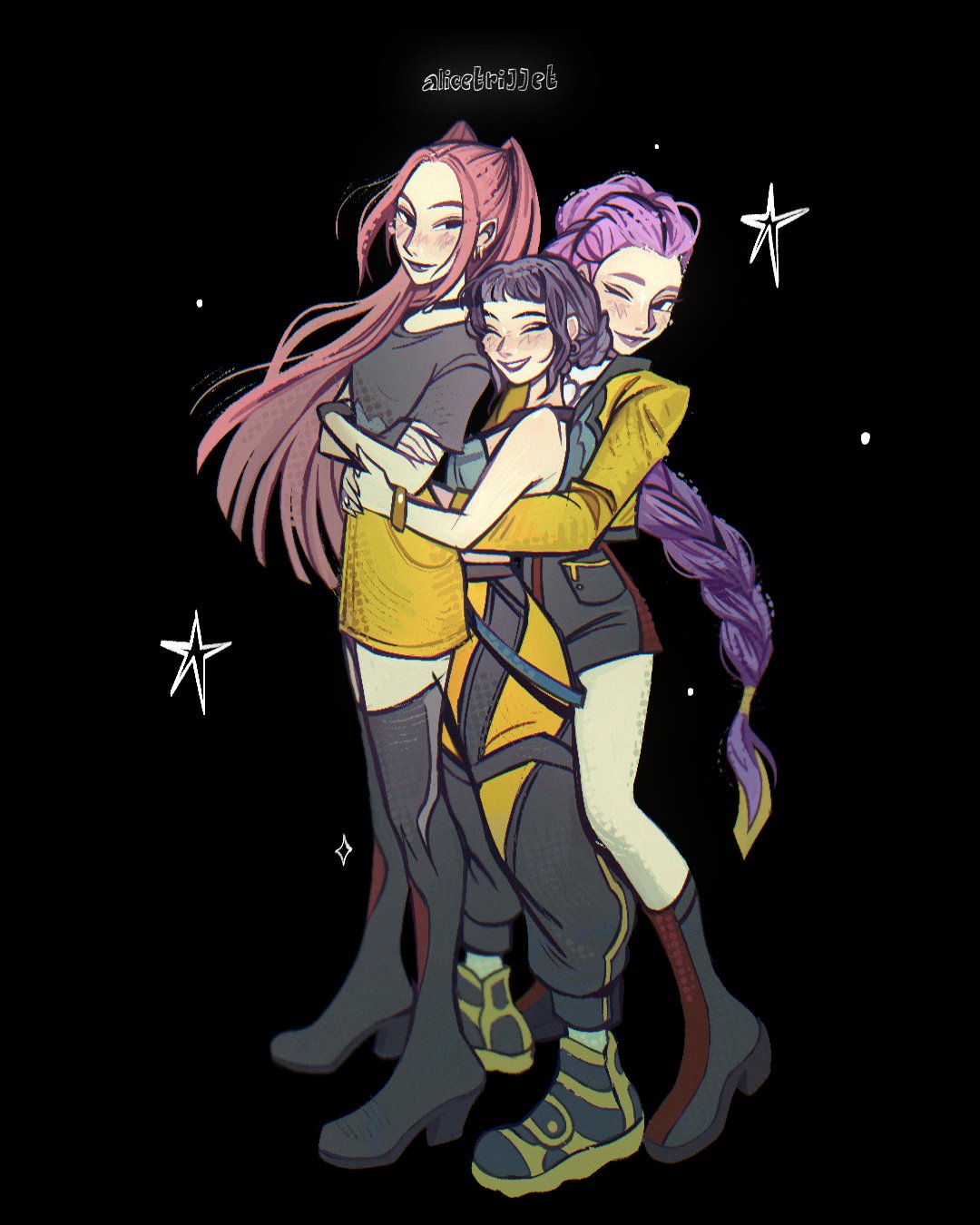 3girls, ^_^, alicetrijjet, artist_name, black_background, blunt_bangs, blush, boots