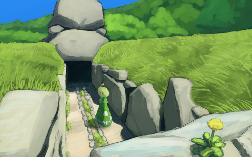 1girl, black_eyes, black_hat, blue_sky, boulder, clear_sky, commentary_request, dandelion, dress, flower, forest, full_body, grass, green_dress, hat, long_dress, long_sleeves, looking_at_viewer, nature, no_mouth, outdoors, path, ritsuzou, rock, scenery, short_hair, sky, soga_no_tojiko, solo, tate_eboshi, touhou, tree, yellow_flower