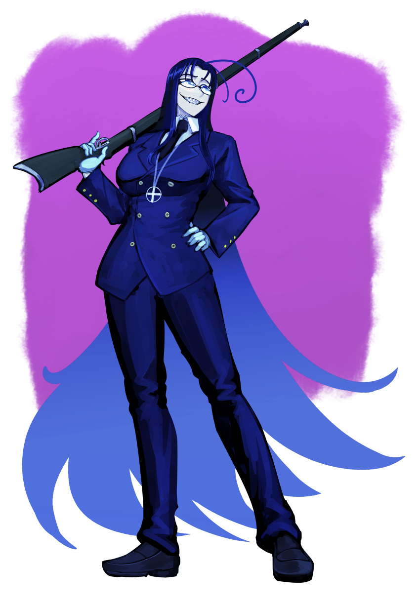 1girl, absurdres, ahoge, blue_hair, formal_clothes, freckles, glasses, gloves