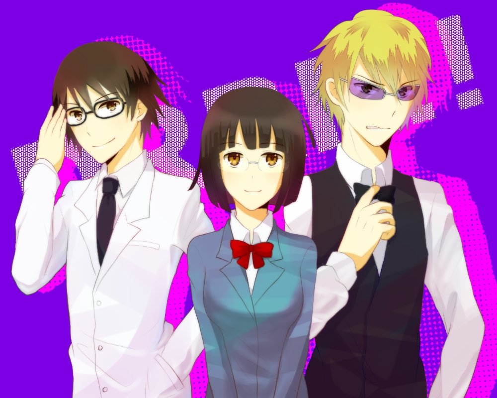 1girl, 2boys, 3310suzuka, black_bow, black_bowtie, black_hair, black_vest, blonde_hair