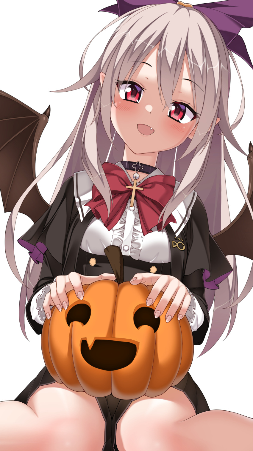 1girl, :d, aoi_tori_(purple_software), bat_wings, black_capelet, black_choker, black_skirt, bow