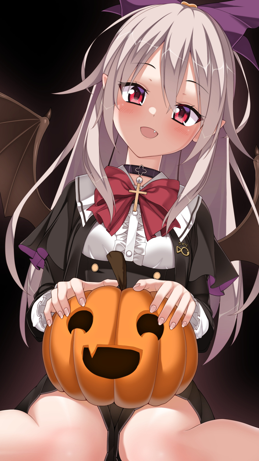 1girl, :d, aoi_tori_(purple_software), bat_wings, black_background, black_capelet, black_choker, black_skirt