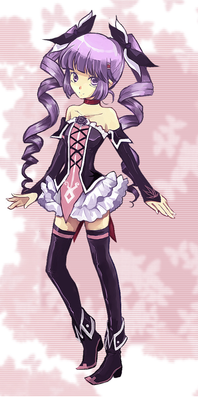 bare_shoulders, black_legwear, choker, detached_sleeves, drill_hair, flower, frills, hair_ribbon, long_hair, payot, purple_eyes, purple_hair, ribbon, shoes, shuu_(shu-nm), skirt, smile, solo, sophie_(tales_of_graces), tales_of_(series), tales_of_graces, thigh-highs, thighhighs, twin_drills, twintails, violet_eyes