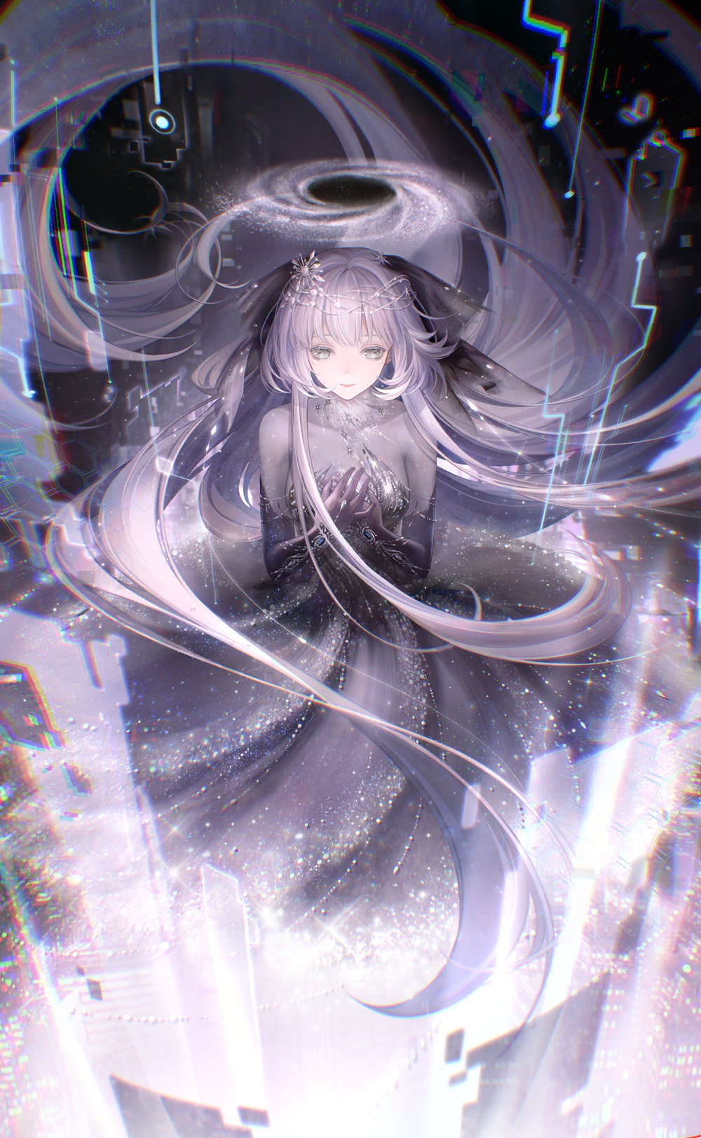 1girl, artist_request, black_dress, black_gloves, black_horns, black_ribbon, circle_skirt, closed_mouth