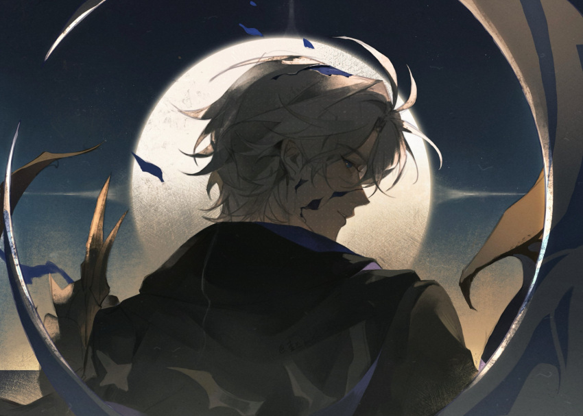 1boy, blue_eyes, closed_mouth, commentary, curtained_hair, dusk, english_commentary, flame_reaver_of_the_deepest_dark