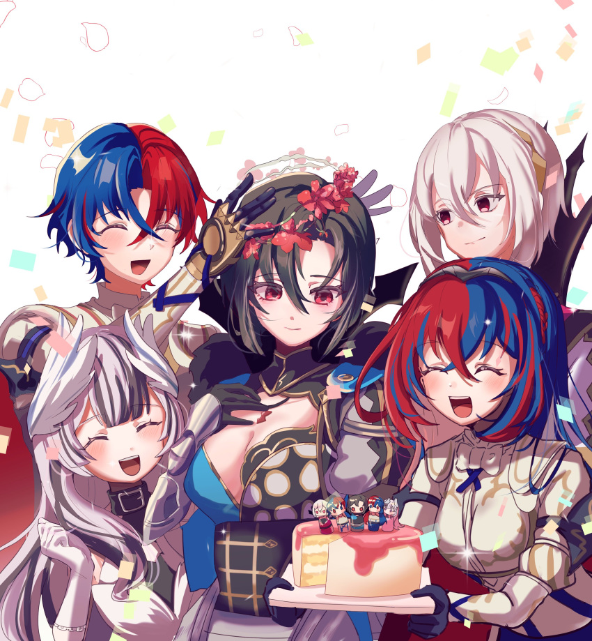 2boys, 3girls, absurdres, black_hair, blue_hair, cake, closed_eyes, closed_mouth