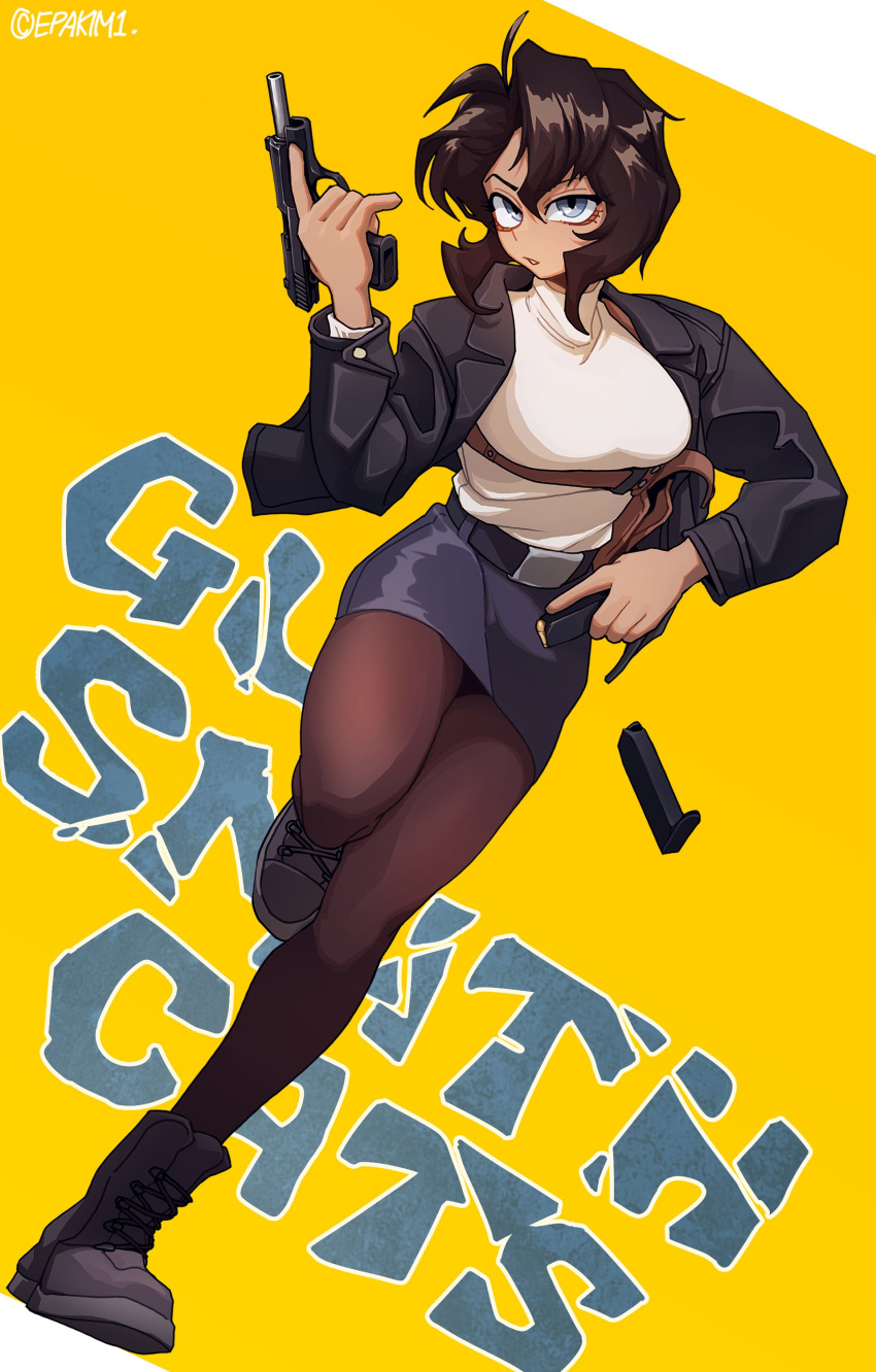 1girl, absurdres, artist_name, belt, black_jacket, boots, brown_hair, cz_75, epakim, grey_eyes, gun, gunsmith_cats, handgun, highres, holster, jacket, leather, leather_jacket, looking_at_viewer, magazine_(weapon), medium_hair, rally_vincent, reloading, running, shoulder_holster, solo, thigh-highs, title, trigger_discipline, weapon