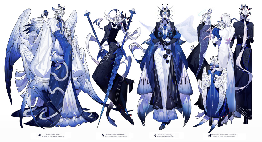 absurdres, animal_ears, black_dress, carrying, child, child_carry, colored_skin, crrn, dress, eden_(crrn), gabriel_(crrn), high_heels, highres, lab_coat, long_hair, looking_at_another, looking_at_viewer, medium_hair, nurse_(crrn), original, rabbit_boy, rabbit_ears, rabbit_girl, rei_(crrn), robe, short_hair, snake, very_long_hair, white_skin