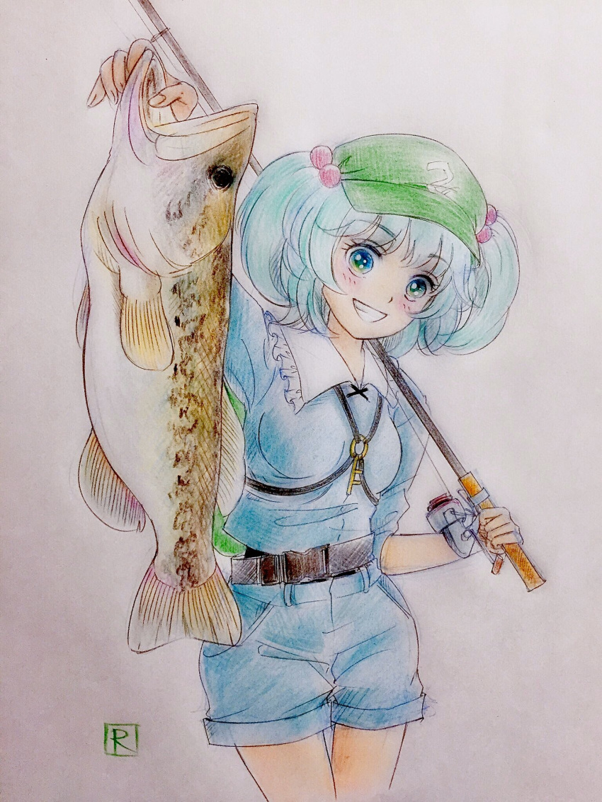 1girl, animal, backpack, bag, bass_(fish), beads, black_undershirt, blue_eyes