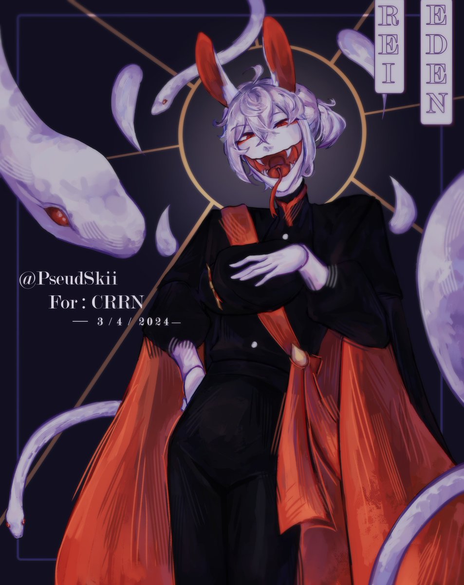 1boy, animal_ears, black_suit, colored_skin, eden_(crrn), fangs, formal_clothes, hair_bun, highres, looking_at_viewer, open_mouth, original, pseudskii, rabbit_boy, rabbit_ears, snake, solo, suit, tongue, tongue_out, white_hair, white_skin