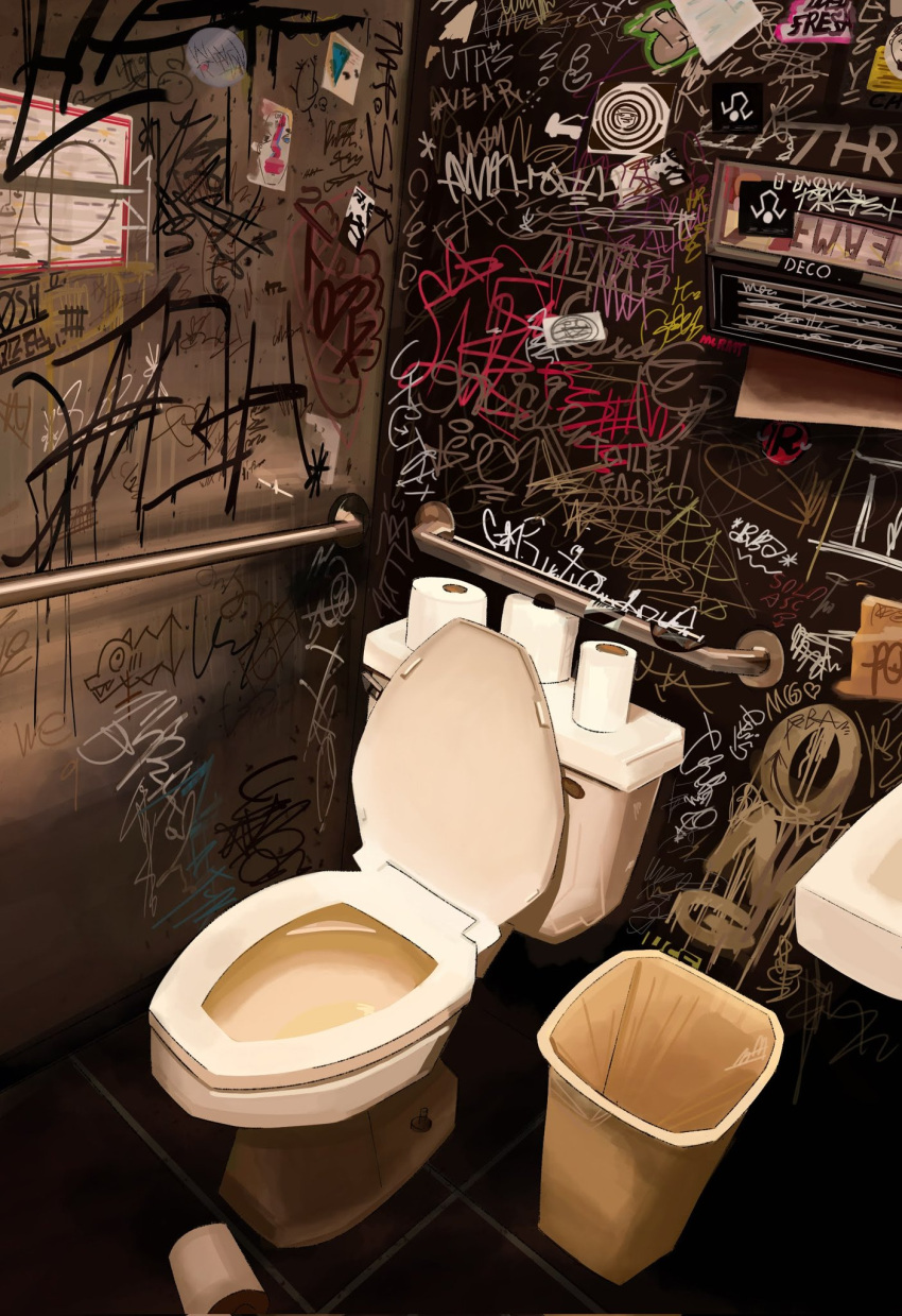 english_commentary, graffiti, highres, indoors, nate_d_hernandez, no_humans, original, public_restroom