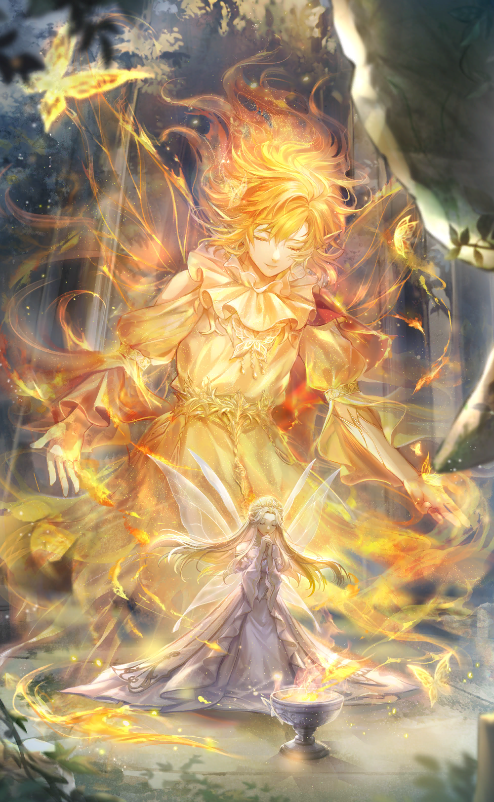 1girl, 1other, androgynous, animal_print, artist_request, blonde_hair, bug, butterfly, butterfly_print, chalice, closed_eyes, closed_mouth, cup, dress, embers, expressionless, eyelashes, fairy, fairy_wings, fiery_hair, fire, floating_hair, forest, full_body, game_cg, giant, gold_tiara, gown, grey_dress, hair_between_eyes, hephaes_(shining_nikki), highres, interlocked_fingers, juliet_sleeves, kneeling, layered_dress, light_particles, lips, long_dress, long_hair, long_sleeves, nature, neck_ruff, night, nikki_(series), off-shoulder_dress, off_shoulder, official_art, ophelia_(shining_nikki), orange_hair, orange_lips, orange_robe, orange_wings, outdoors, own_hands_clasped, own_hands_together, parted_lips, petals, pointy_ears, praying, puffy_sleeves, pyrokinesis, robe, shining_nikki, size_difference, tiara, very_long_hair, white_dress, white_wings, wide_sleeves, wings