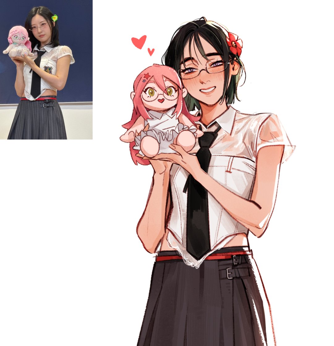 2girls, alien_stage, black_hair, black_necktie, black_skirt, character_doll, collared_shirt, commentary