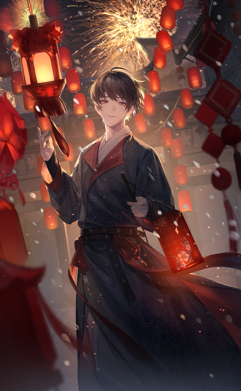 1boy, aerial_fireworks, artist_request, black_hanfu, bow, brown_eyes, brown_hair, chi_xiaolong