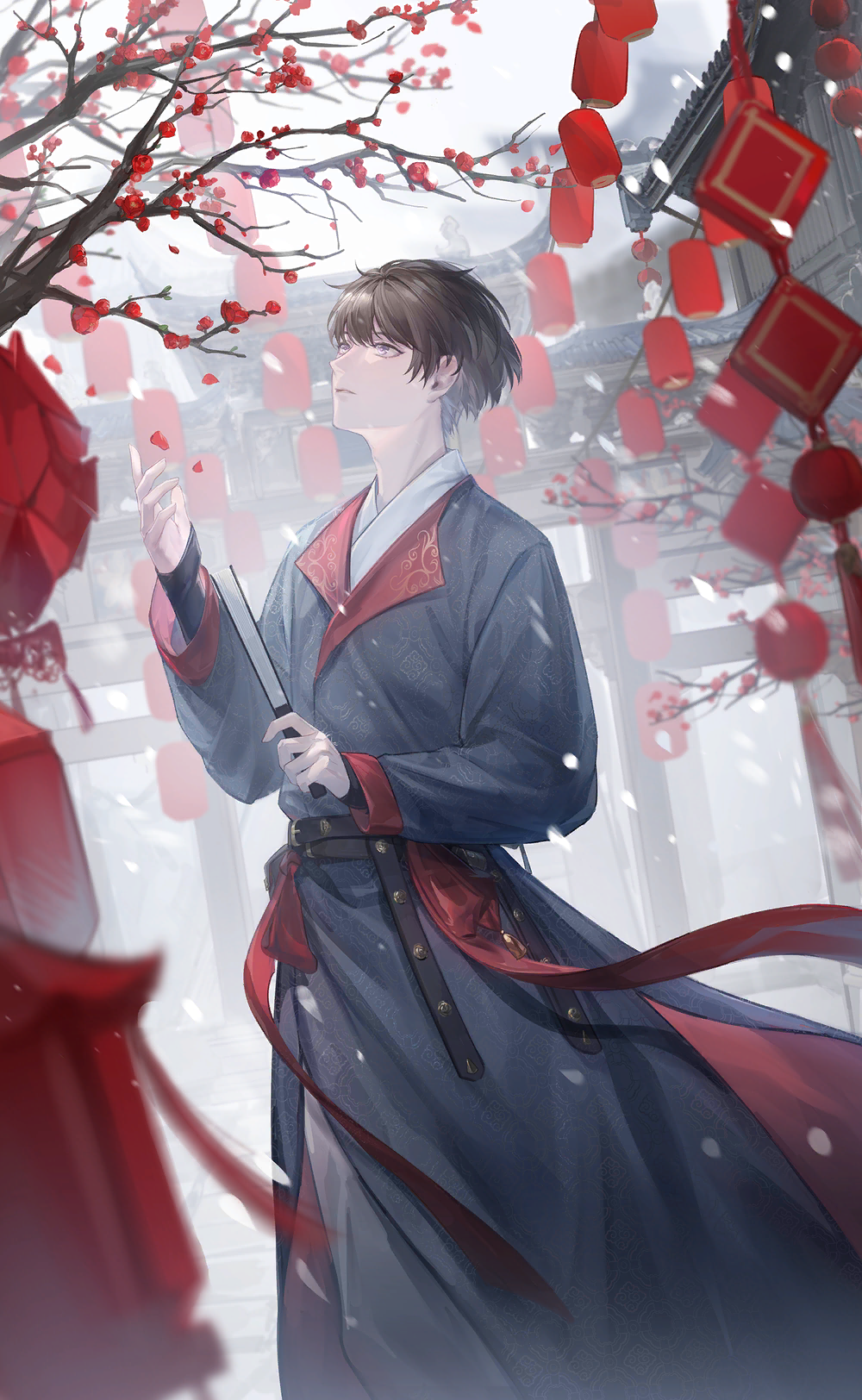 1boy, architecture, artist_request, belt, black_belt, brown_hair, chi_xiaolong, clouds