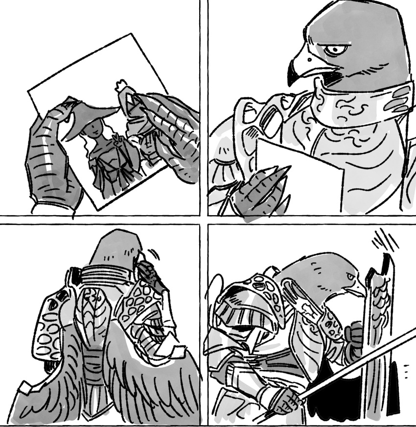 animal_head, armor, beak, bird, bird_boy, chocytd, elden_ring, elden_ring_nightreign, guardian_(elden_ring), hat, hat_over_eyes, hawk, highres, holding, ironeye_(elden_ring), large_hat, meme, recluse_(elden_ring), weapon, witch, witch_hat