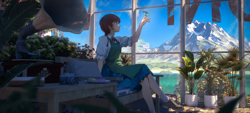 1girl, absurdres, animal, animal_on_hand, ankle_socks, apron, arm_at_side, arm_support, bench, blue_skirt, blue_sky, blurry, blurry_foreground, braid, brick_floor, brown_hair, brown_shoes, bug, butterfly, butterfly_on_hand, camera, collared_shirt, commentary_request, crossed_legs, day, depth_of_field, english_commentary, food, foot_out_of_frame, foot_up, forest, frilled_skirt, frilled_sleeves, frills, glacier, green_apron, greenhouse, hand_up, highres, indoors, lake, looking_at_animal, medium_skirt, mixed-language_commentary, mountain, nature, neck_ribbon, on_bench, original, outstretched_hand, phonograph, pillow, plant, plate, potted_plant, red_ribbon, reisen13, ribbon, scenery, shirt, shoes, shore, short_hair_with_long_locks, short_sleeves, side_braids, sitting, skirt, sky, socks, solo, sunlight, table, water, white_shirt, white_socks, wide_shot, window, wing_collar
