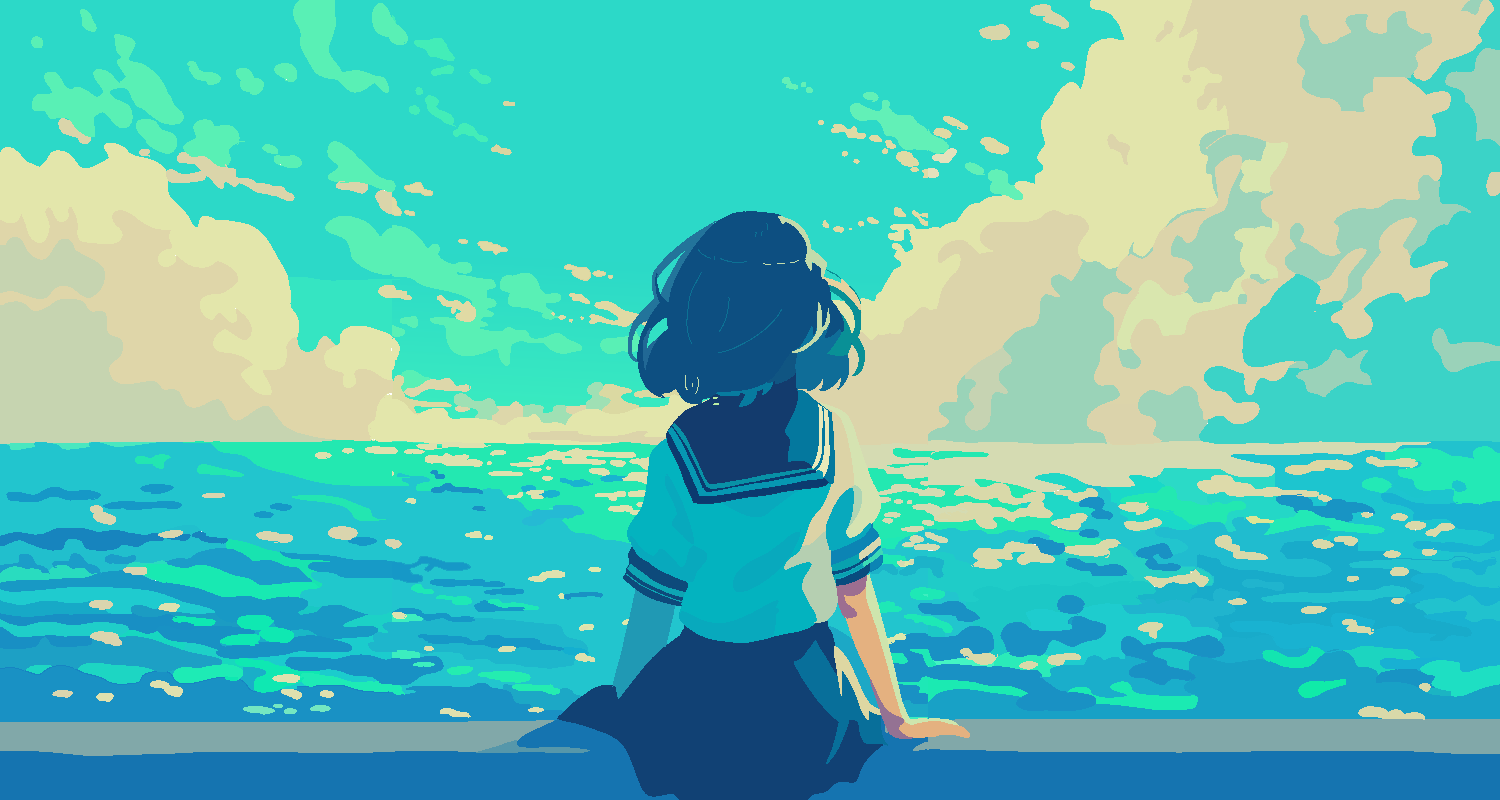 1girl, arms_at_sides, blue_hair, blue_sailor_collar, blue_skirt, blue_sky, blue_theme, clouds, cloudy_sky, commentary_request, day, from_behind, kalomaaaaa, medium_hair, ocean, original, outdoors, sailor_collar, scenery, school_uniform, serafuku, shirt, short_sleeves, sitting, skirt, sky, solo, sunlight, white_shirt, wide_shot