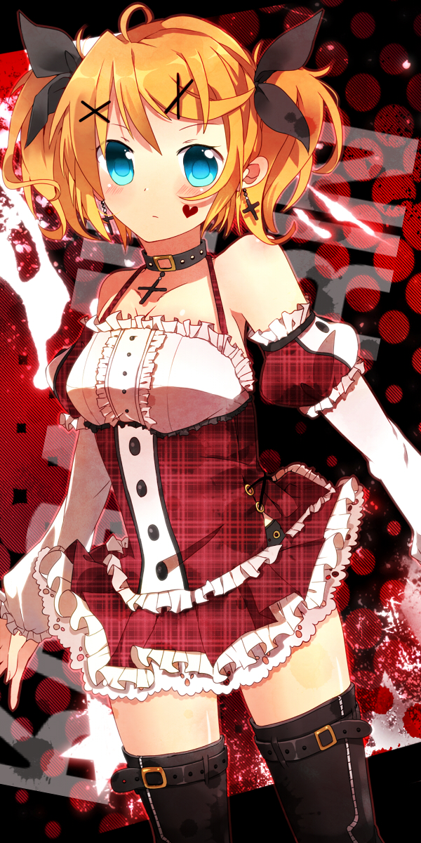 alternate_costume, alternate_hairstyle, ao_ringo, aqua_eyes, bangs, bare_shoulders, belt, black_legwear, blonde_hair, blush, boots, collar, corset, cross, detached_sleeves, earrings, expressionless, face_tattoo, facial_tattoo, frills, hair_ribbon, heart, highres, jewelry, kagamine_rin, lace, plaid, plaid_skirt, pleated_skirt, ribbon, short_hair, short_twintails, skirt, standing, tartan, tattoo, thigh-highs, thigh_boots, thighhighs, twintails, vocaloid, wavy_hair, zettai_ryouiki