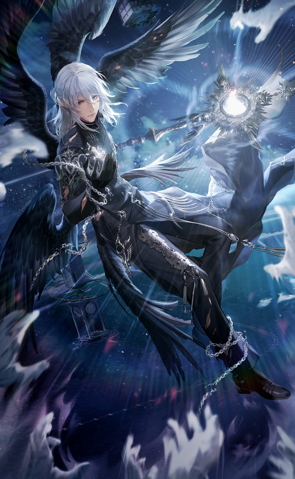 1boy, angel_wings, artist_request, black_boots, black_coat, black_gloves, black_pants, black_shirt, black_wings, blue_eyes, boots, chain, closed_mouth, coat, collared_shirt, disembodied_hand, dress_pants, expressionless, feathered_wings, floating_clothes, floating_hair, flying, full_body, game_cg, gloves, glowing, hair_between_eyes, high_collar, highres, knee_boots, leonid_(shining_nikki), long_sleeves, male_focus, marking_on_cheek, multiple_wings, night, night_sky, nikki_(series), object_floating_above_hand, official_art, open_clothes, open_coat, outdoors, pants, seraph, shining_nikki, shirt, sky, solo, spread_wings, staff, star_(sky), starry_sky, white_hair, wings