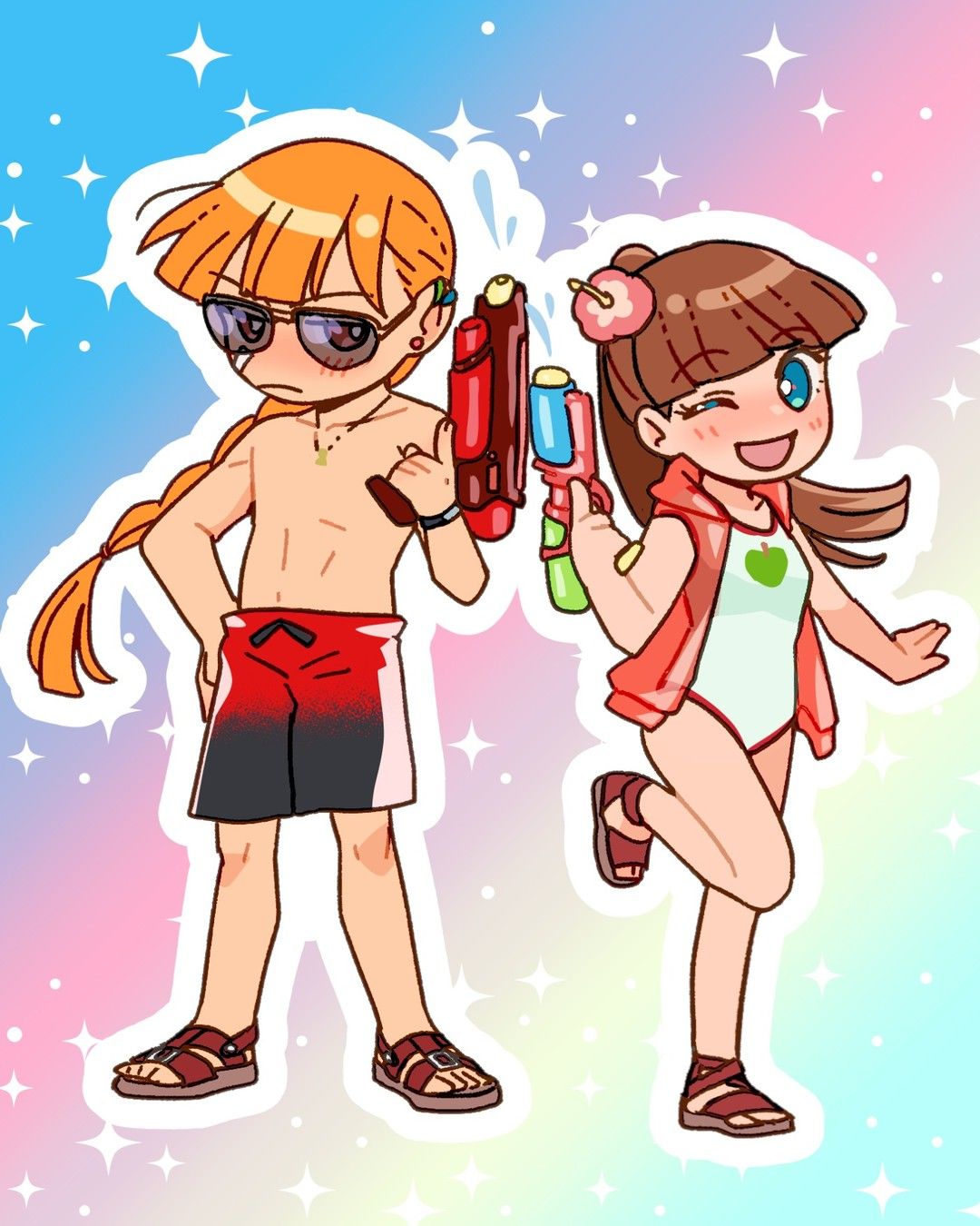 1boy, 1girl, aitommylove, bad_link, black_swim_trunks, blue_eyes, blush, brick_(ppg)