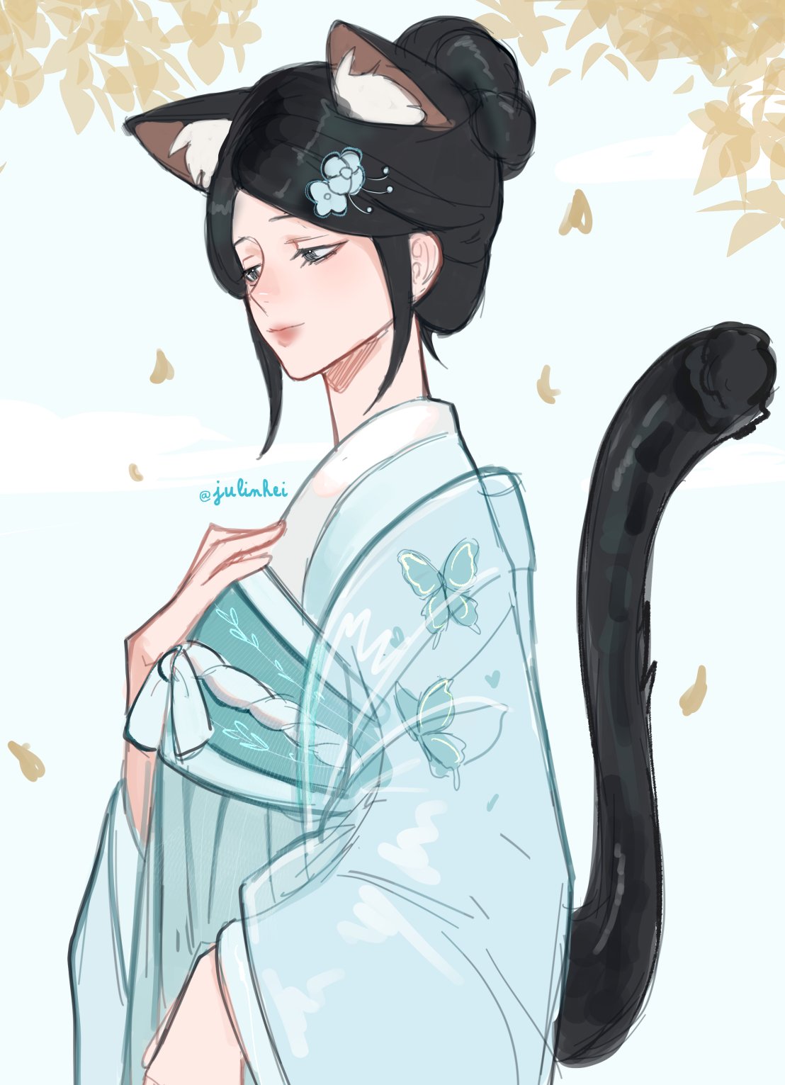1girl, animal_ears, animal_print, black_hair, blue_hanfu, butterfly_print, cat_ears, cat_girl