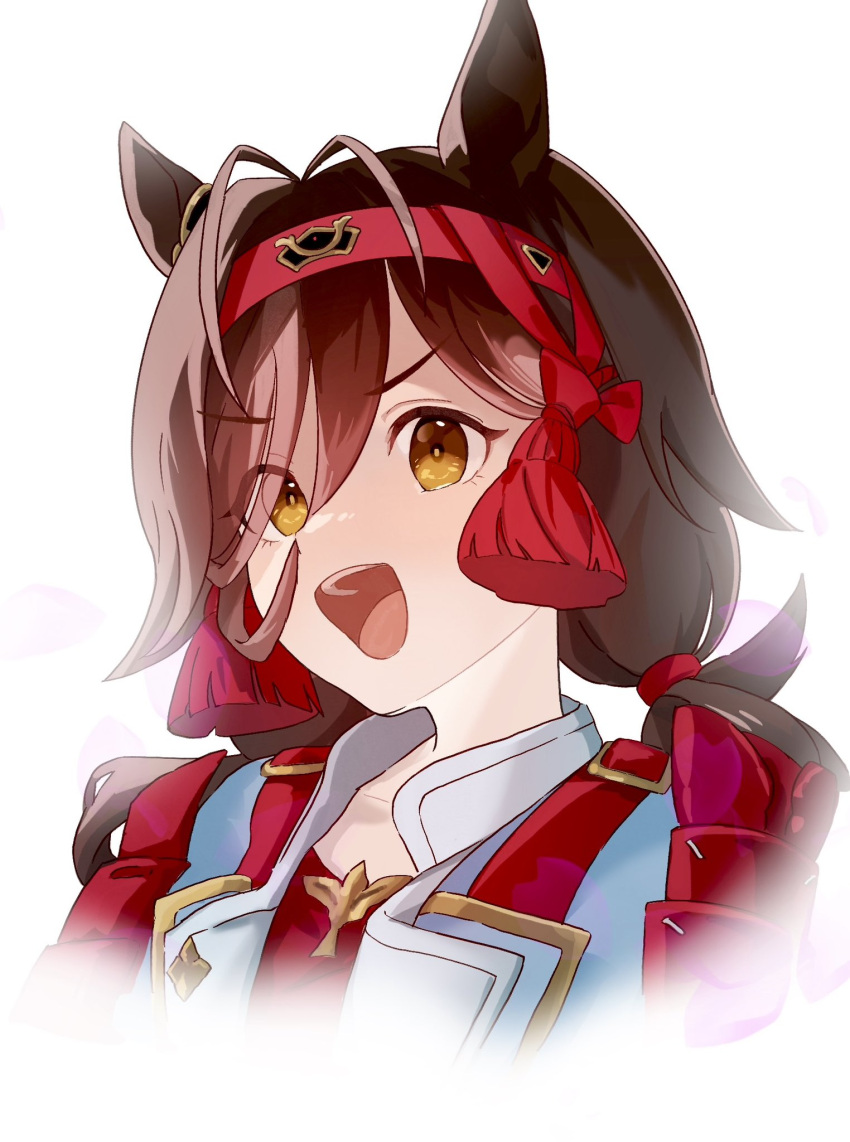 1girl, :d, animal_ears, antenna_hair, brown_hair, commentary_request, cropped_shoulders, hair_between_eyes