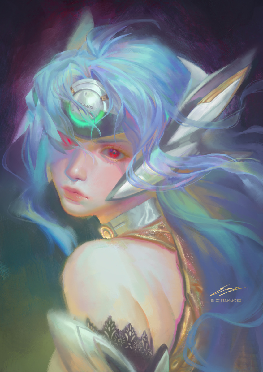 1girl, absurdres, android, back, blue_hair, commentary, cyborg, elbow_gloves