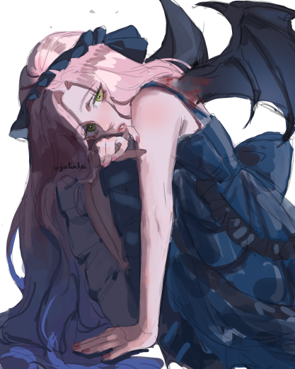 1girl, alien_stage, black_dress, black_headdress, black_wings, blue_hair, commentary, demon_wings