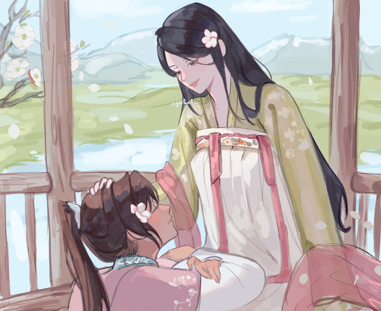 2girls, black_eyes, blue_sky, branch, chinese_clothes, closed_eyes, closed_mouth, commentary