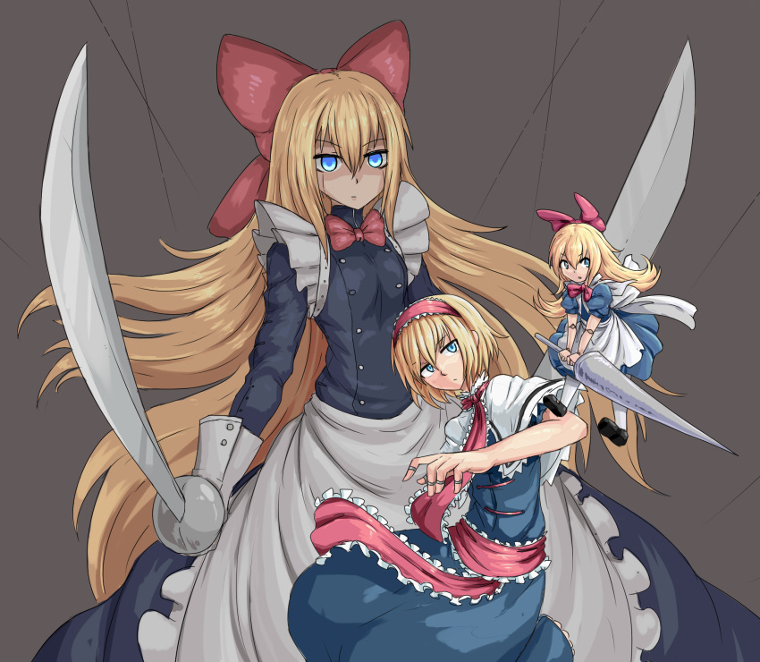3girls, alice_margatroid, blonde_hair, blue_dress, blue_eyes, blush, bow, breasts
