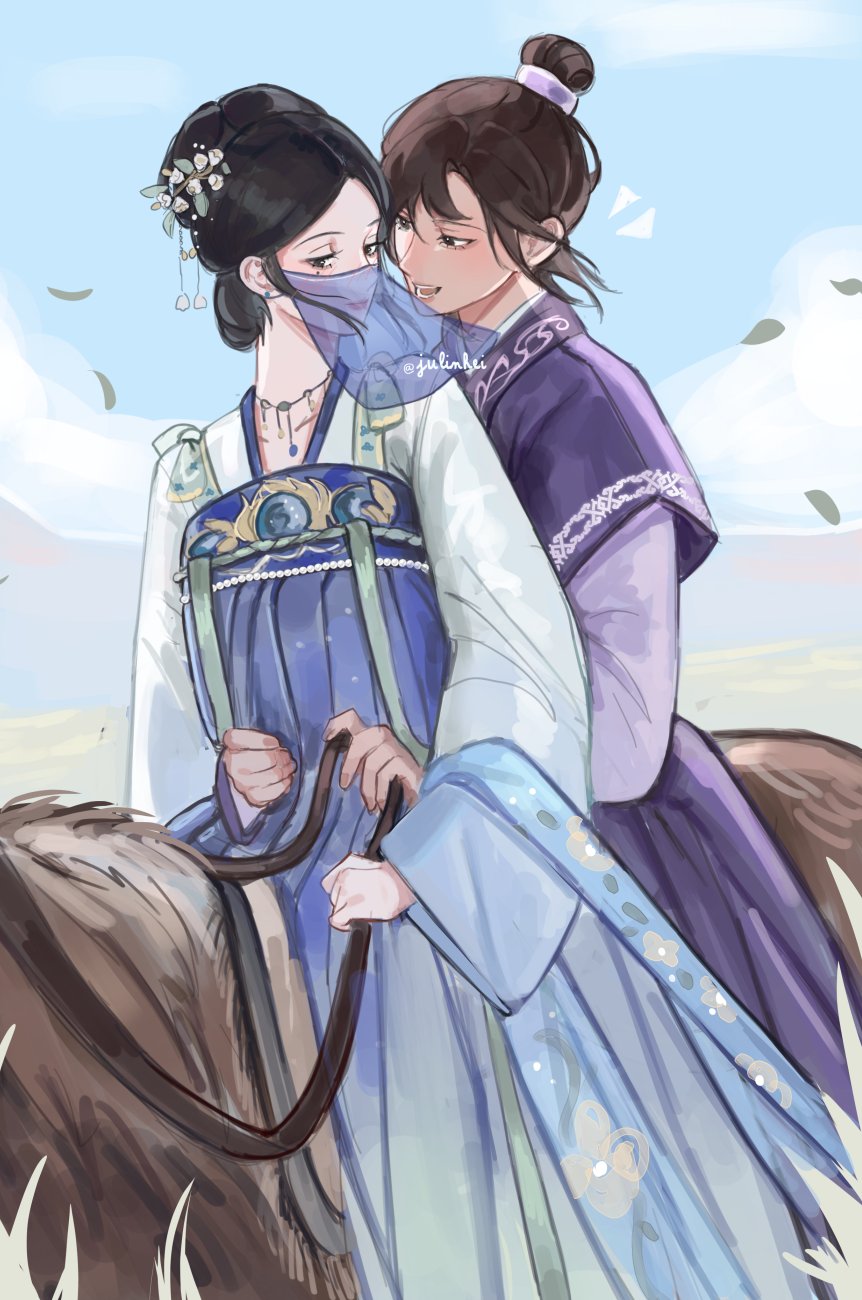2girls, black_eyes, black_hair, blue_hanfu, blue_sky, chinese_clothes, closed_mouth, commentary