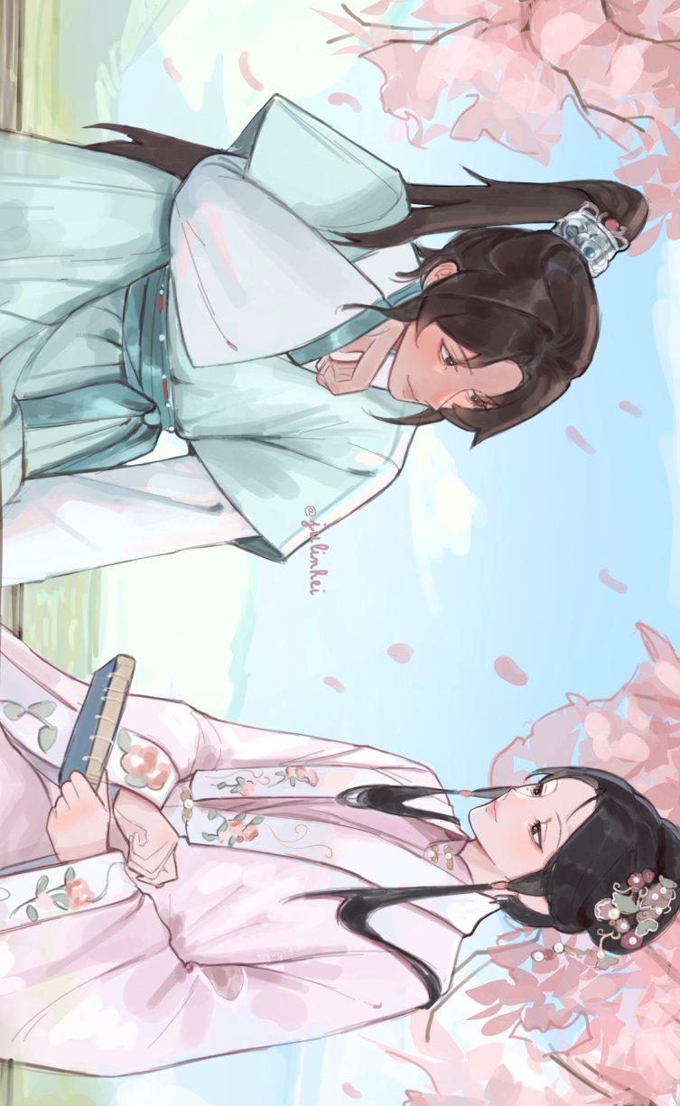 2girls, black_eyes, chinese_clothes, closed_mouth, commentary, falling_petals, hair_ornament, hanfu