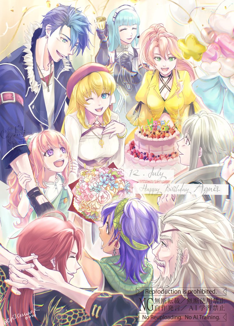 4girls, 5boys, aaron_wei, agnes_claudel, ahoge, artist_name, beard, bergard_zeman