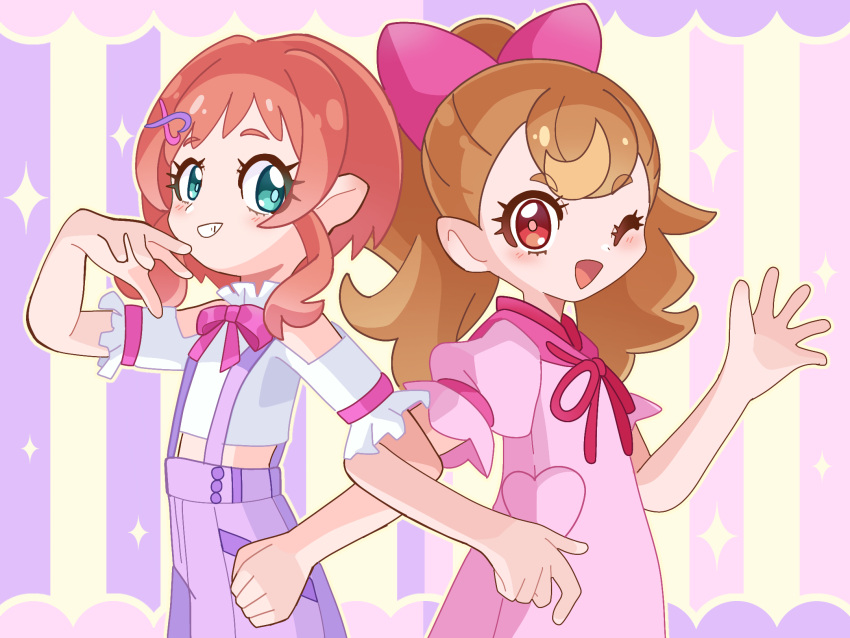 2girls, :d, ;d, aqua_eyes, blush, bow, brown_hair, buttons, clenched_hand, clothing_cutout, colorful_background, commentary, cowboy_shot, cropped_shirt, dot_nose, dress, english_commentary, four-pointed_star, frilled_shirt, frills, grin, hair_bow, hair_ornament, hairclip, hand_up, heart, heart_hair_ornament, heart_pockets, highres, hood, hood_down, hooded_dress, inukai_iroha, inukai_komugi, kuro_(user_uwrm3742), locked_arms, long_hair, looking_at_another, looking_at_viewer, midriff, multiple_girls, neck_ribbon, one_eye_closed, open_hand, open_mouth, orange_hair, pink_background, pink_bow, pink_dress, pink_ribbon, ponytail, precure, puffy_short_sleeves, puffy_sleeves, purple_background, purple_shorts, red_eyes, ribbon, shirt, short_dress, short_hair_with_long_locks, short_sleeves, shorts, shoulder_cutout, side-by-side, smile, spread_fingers, standing, star_(symbol), star_symbol_background, striped_background, suspender_shorts, suspenders, waving, white_shirt, wonderful_precure!, yellow_background