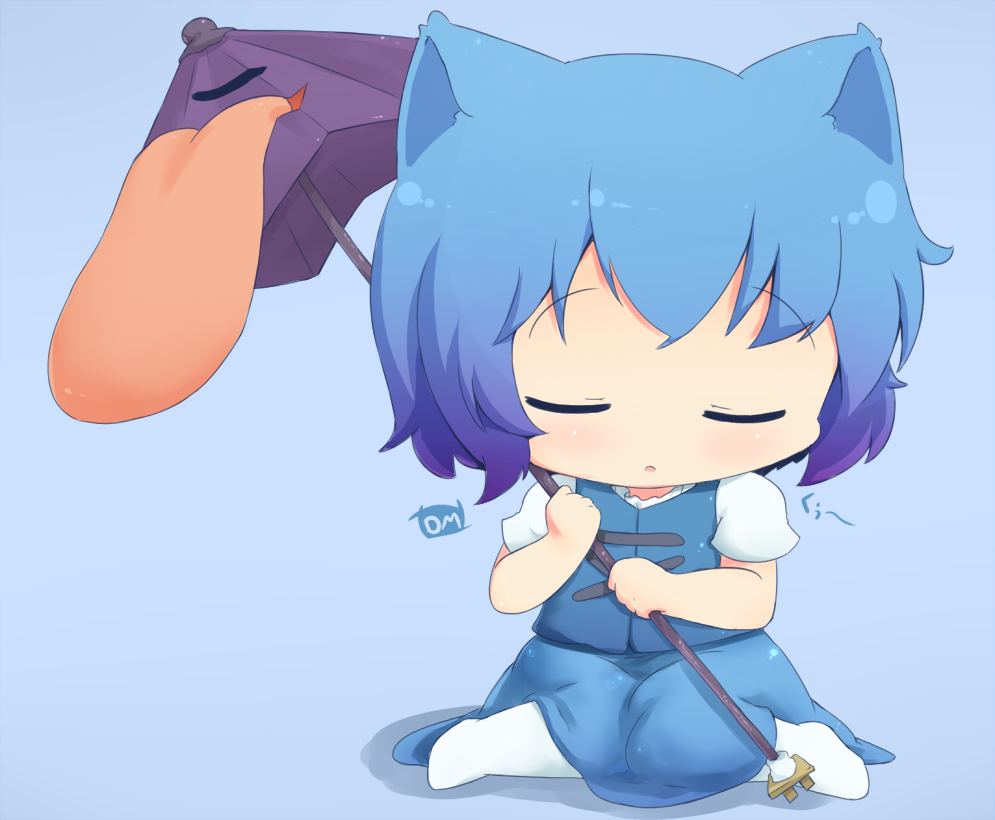 animal_ears, bad_id, blue_hair, cat_ears, chibi, dragonz, karakasa_obake, kemonomimi_mode