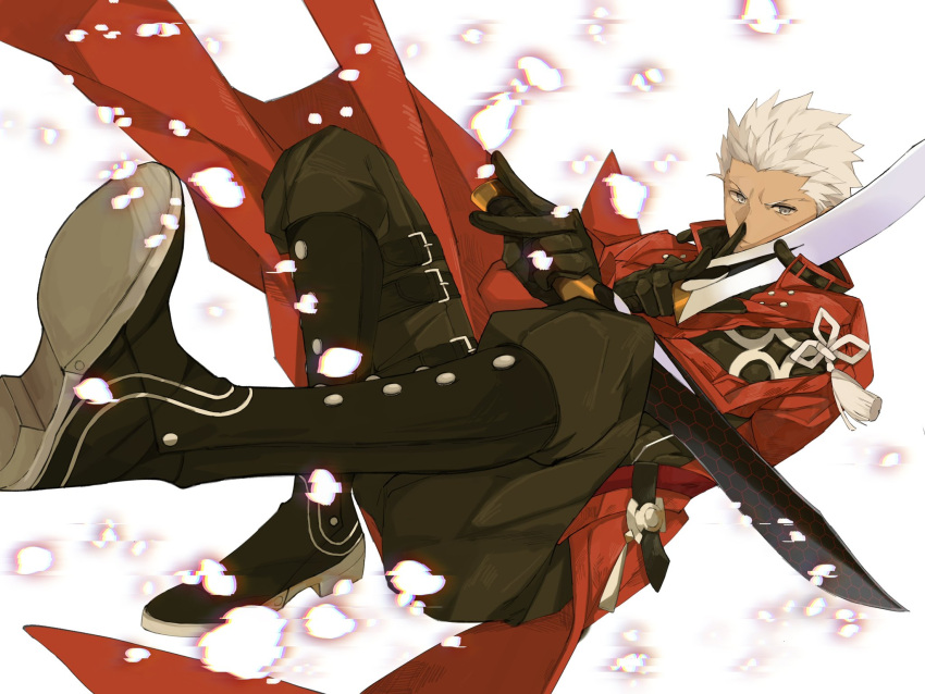 1boy, archer_(fate), archer_(honkai:_star_rail)_(fate), boots, coat, crossover, dark_skin, dual_wielding, fate/stay_night, fate/unlimited_blade_works, fate_(series), highres, holding, honkai:_star_rail, honkai_(series), kamigokuin, kanshou_&amp;_bakuya_(fate), male_focus, open_clothes, open_coat, red_coat, solo, spiky_hair, white_hair