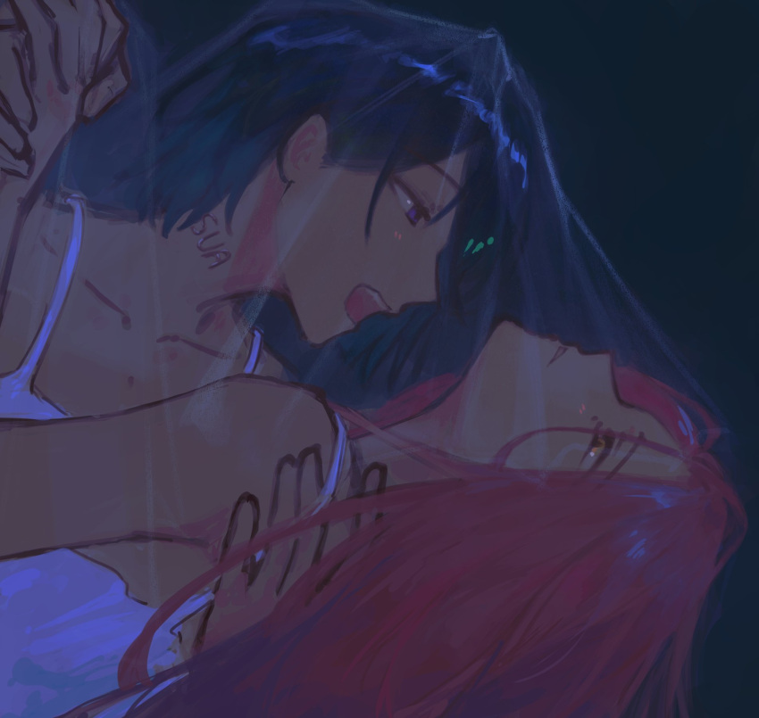 2girls, alien_stage, black_hair, commentary, english_commentary, highres, holding_hands, leaning_back
