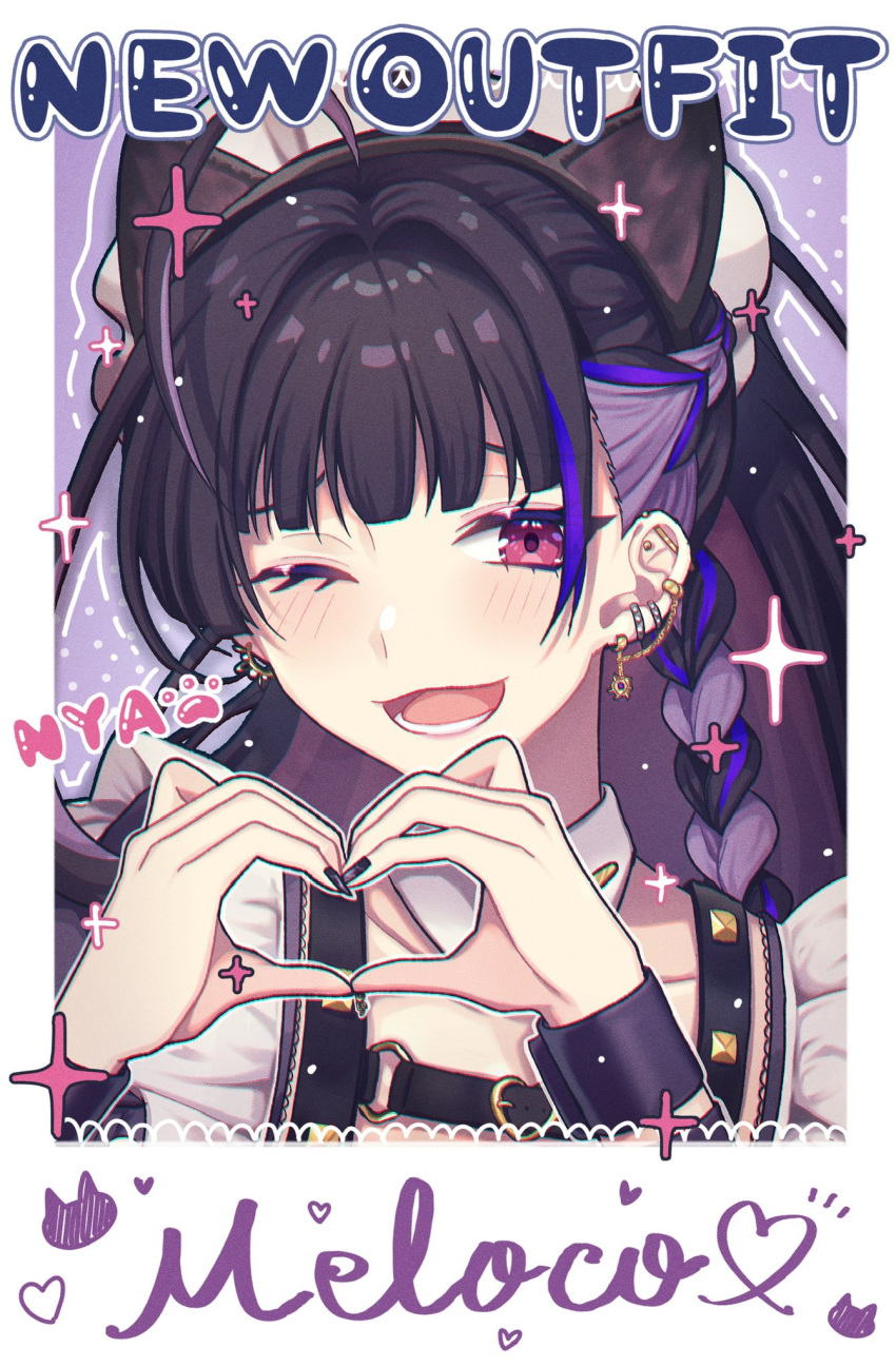 1girl, ;d, ahoge, animal_ears, barbell_piercing, black_hair, black_nails, blunt_bangs