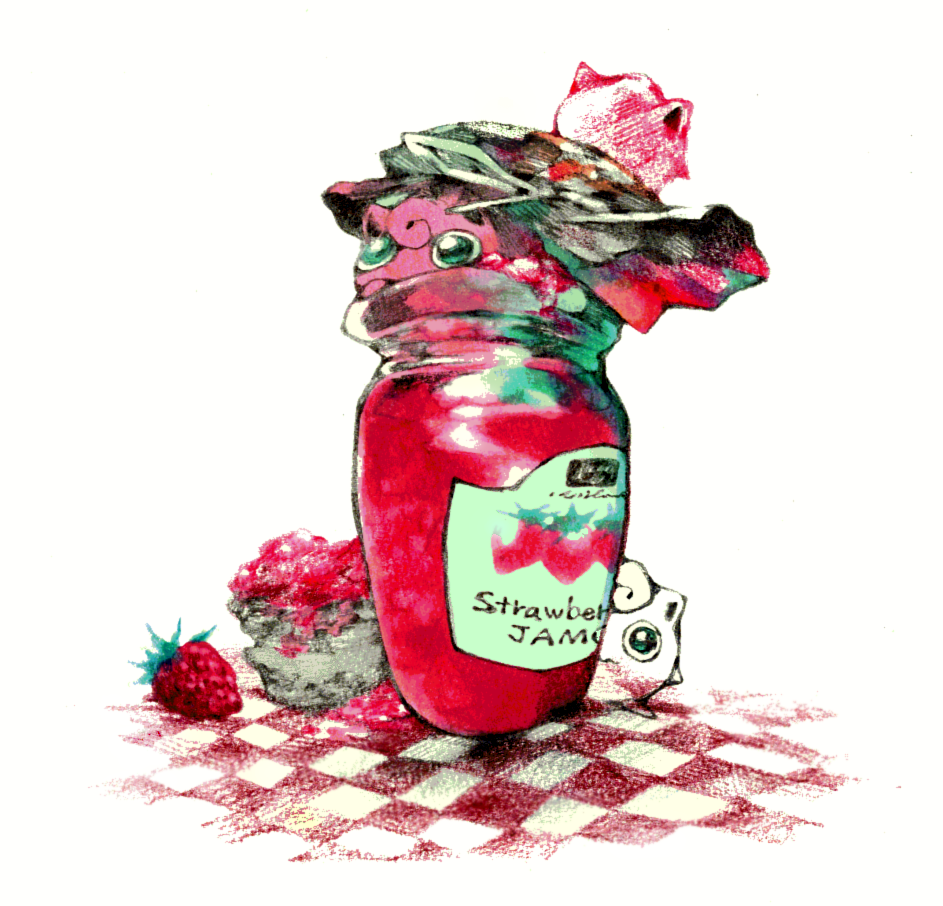 checkered_tablecloth, english_text, food, food_focus, fruit, green_eyes, jam, jigglypuff