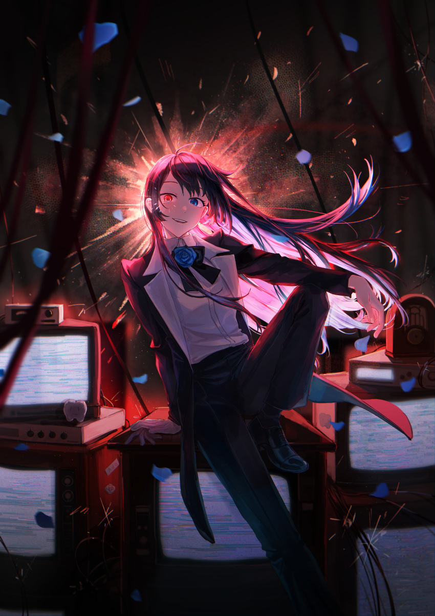 1girl, absurdres, ado_(utaite), arm_on_knee, arm_support, arsum0731, backlighting, black_bow