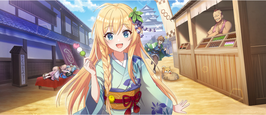 2boys, 2girls, :d, ahoge, aqua_(konosuba), arakuremono_(konosuba), architecture, blonde_hair