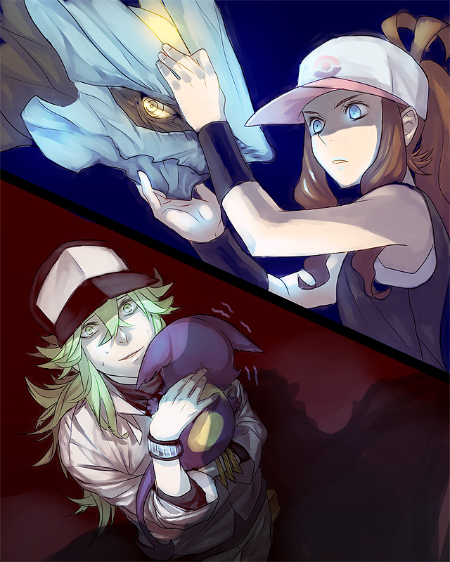 blue_eyes, brown_hair, face, green_eyes, green_hair, hat, kitsunen_(kitune_n), kitunen, kyurem, n_(pokemon), pokemon, pokemon_(game), pokemon_black_and_white, pokemon_bw, ponytail, purrloin, touko_(pokemon), trembling, yellow_eyes, you_gonna_get_raped