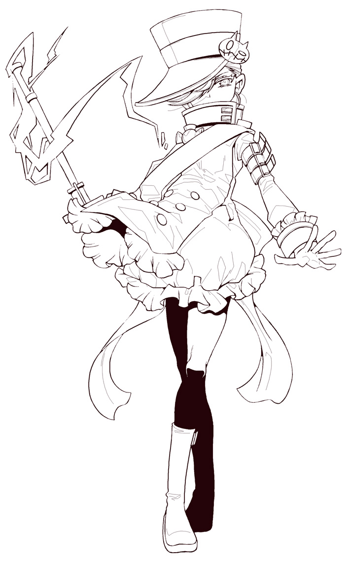 1girl, black_outline, full_body, greyscale, hat, hitomi_lina, holding_baton_(weapon), mahou_shoujo_madoka_magica