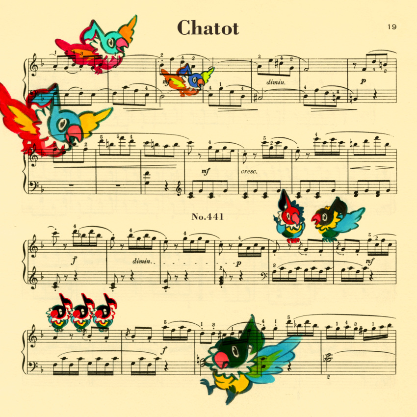 alternate_color, bird, character_name, chatot, commentary, kameko, musical_note, no_humans