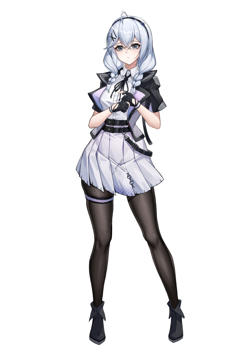 1girl, absurdres, ahoge, belt, black_belt, black_boots, black_gloves, black_hairband