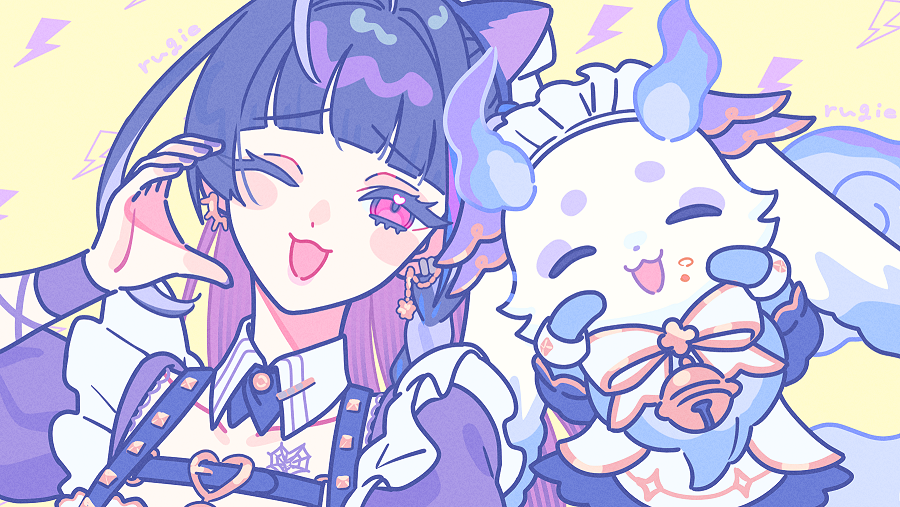 1girl, 1other, ;d, ^_^, animal_ears, artist_name, bell, black_hair